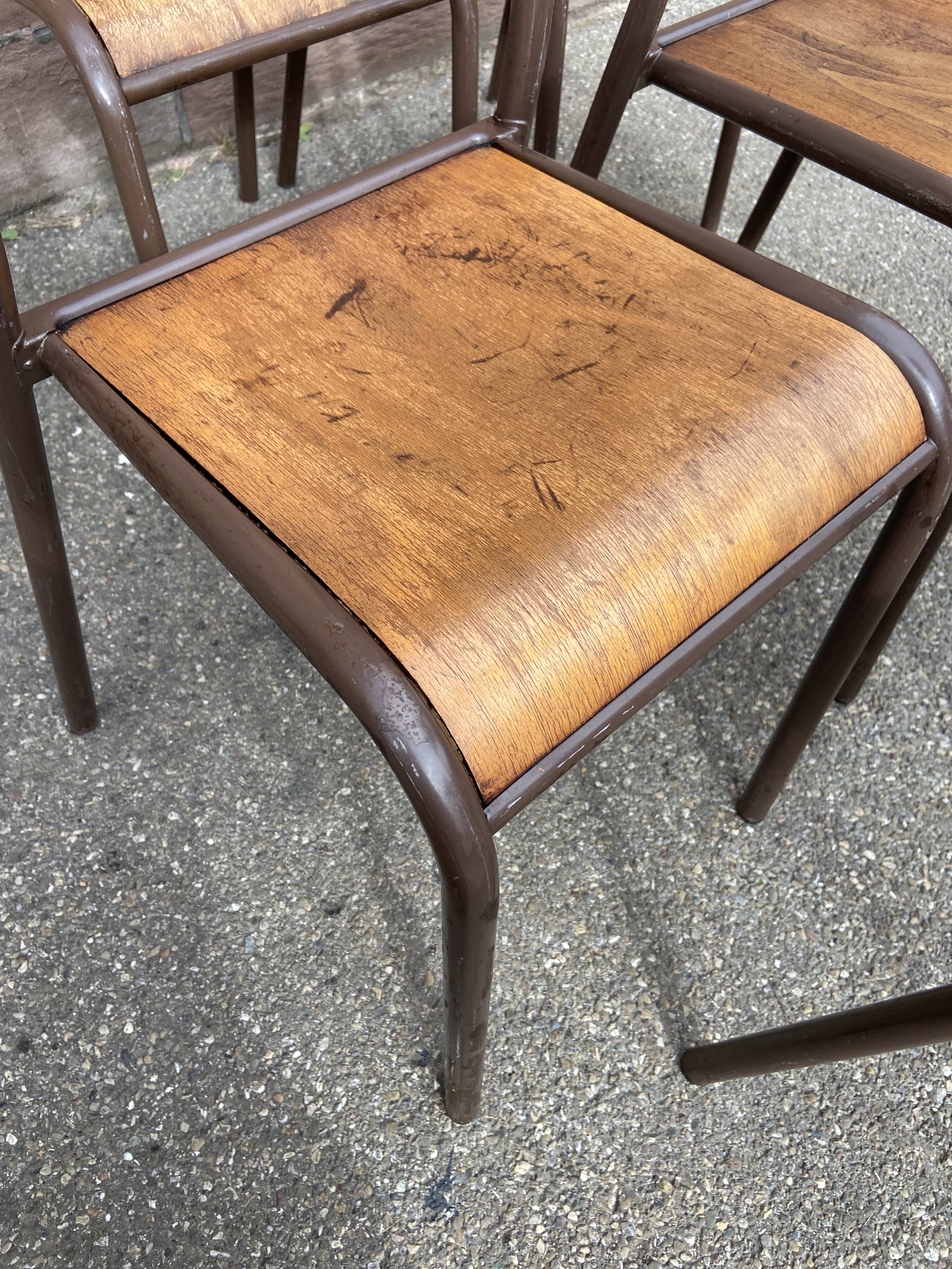 Set of 6 vintage industrial school chairs for communities mullca delagrave tube & wood