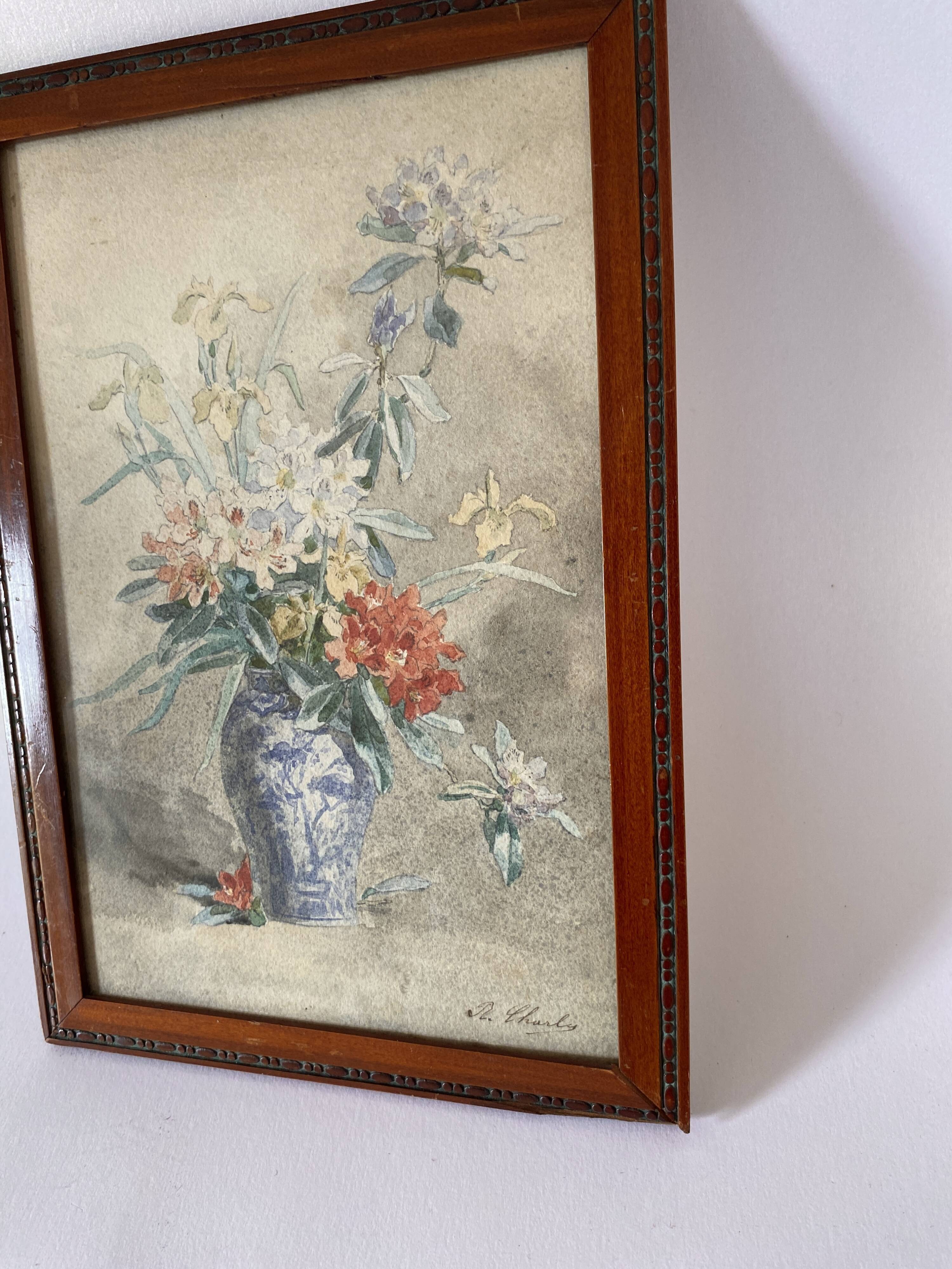 Aquarelle et cadre bois vernis 1900