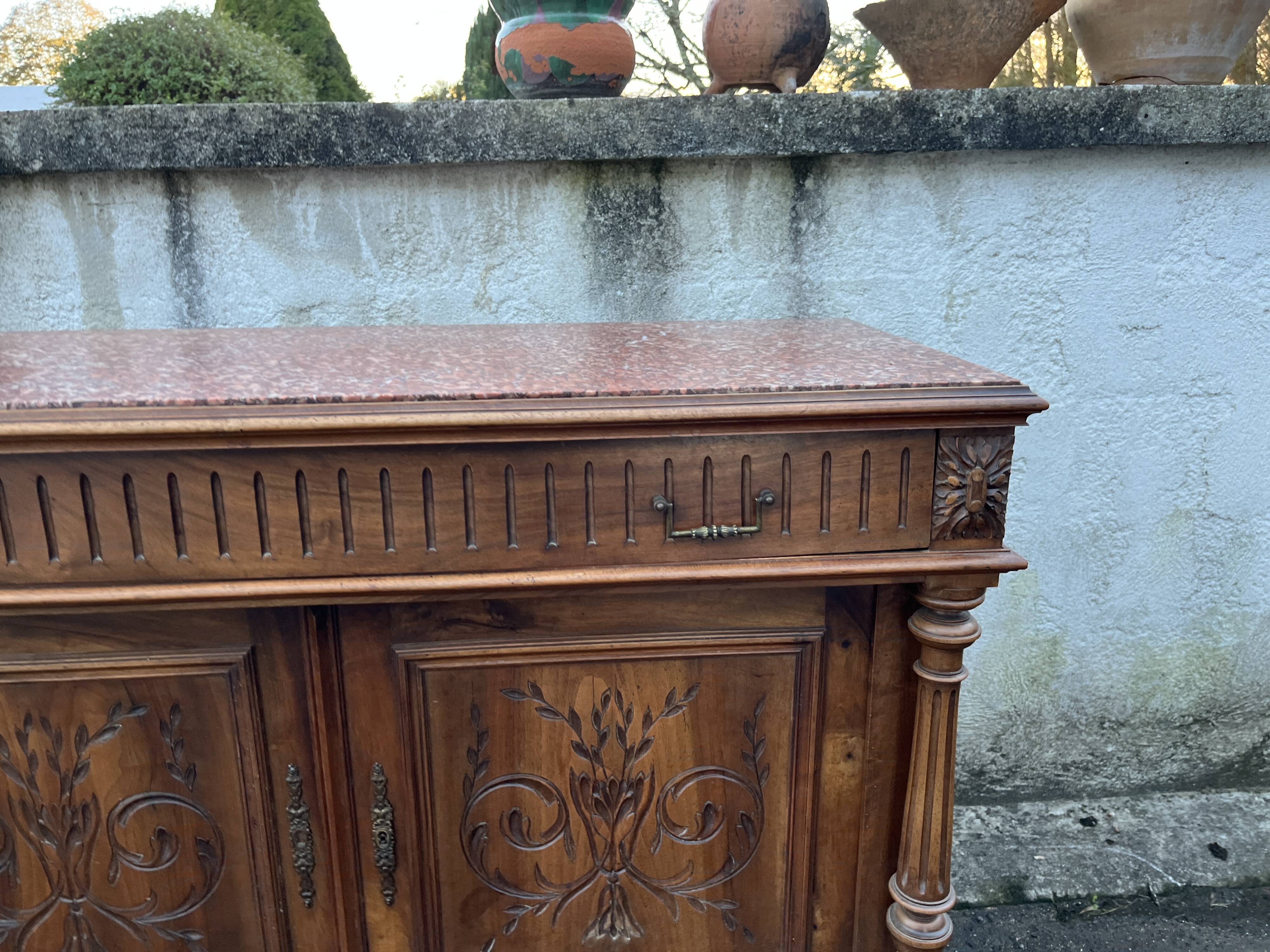 Henri II style low sideboard – carved wood and red marble top