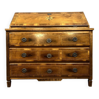 Louis XVI period scribanne chest of drawers in burl walnut with inlaid decoration on all sides in plum wood