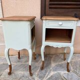 Renovated bedside tables in laurel green and light wood.