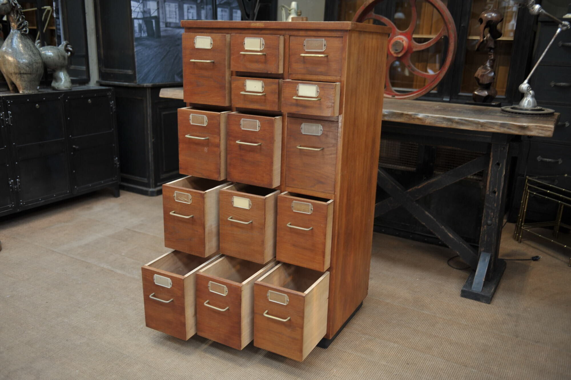 Office furniture has oak drawers 1950 brass handles and label holders