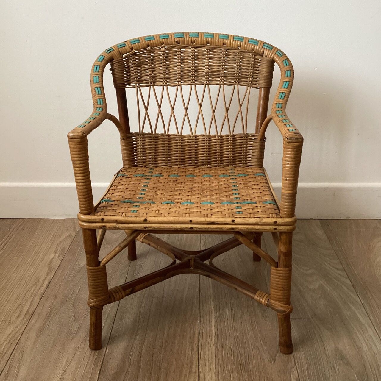Children's armchair rattan / vintage blue
