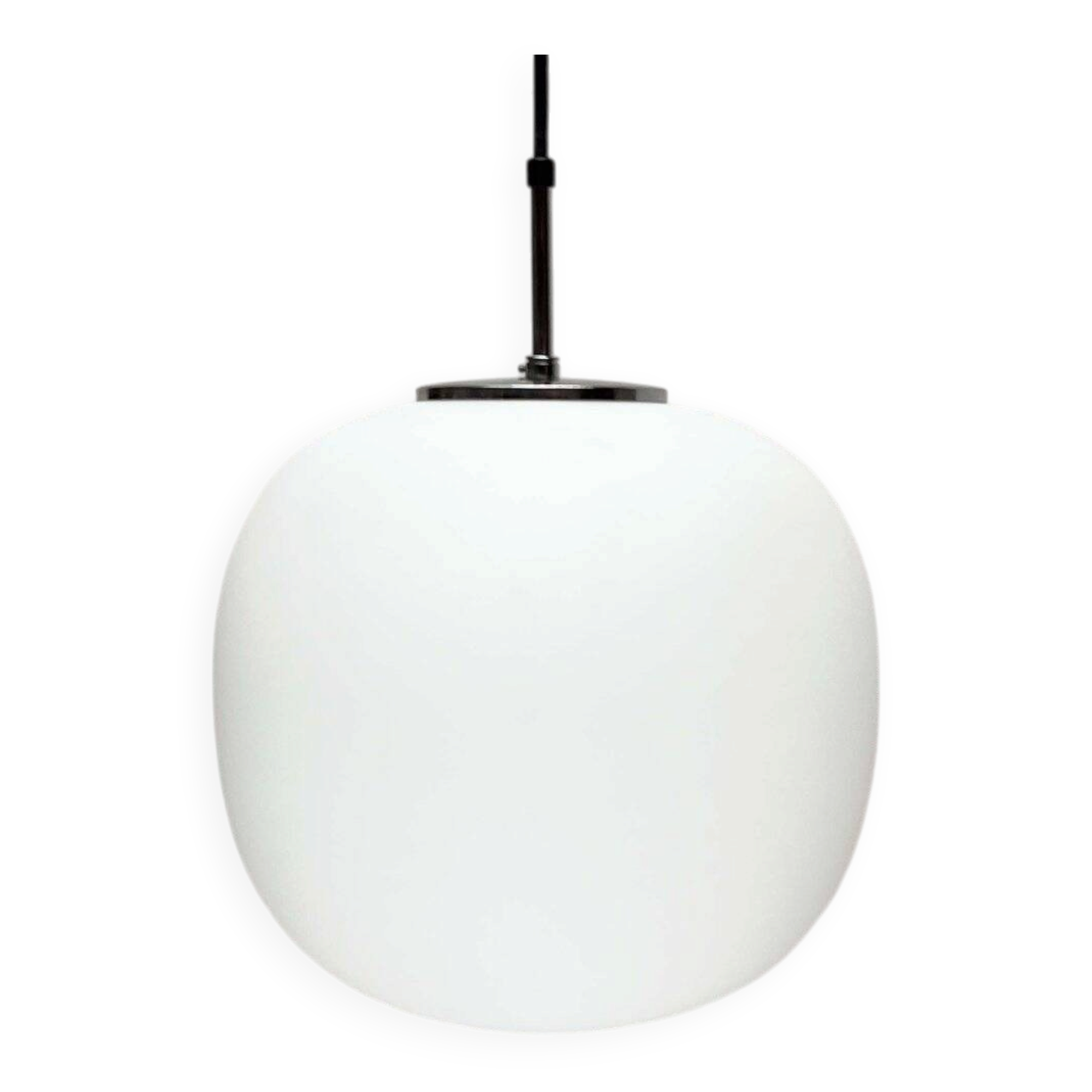 Minimalist suspended glass ball lamp from the vintage German space age by Glashütte Limburg, 1970s.