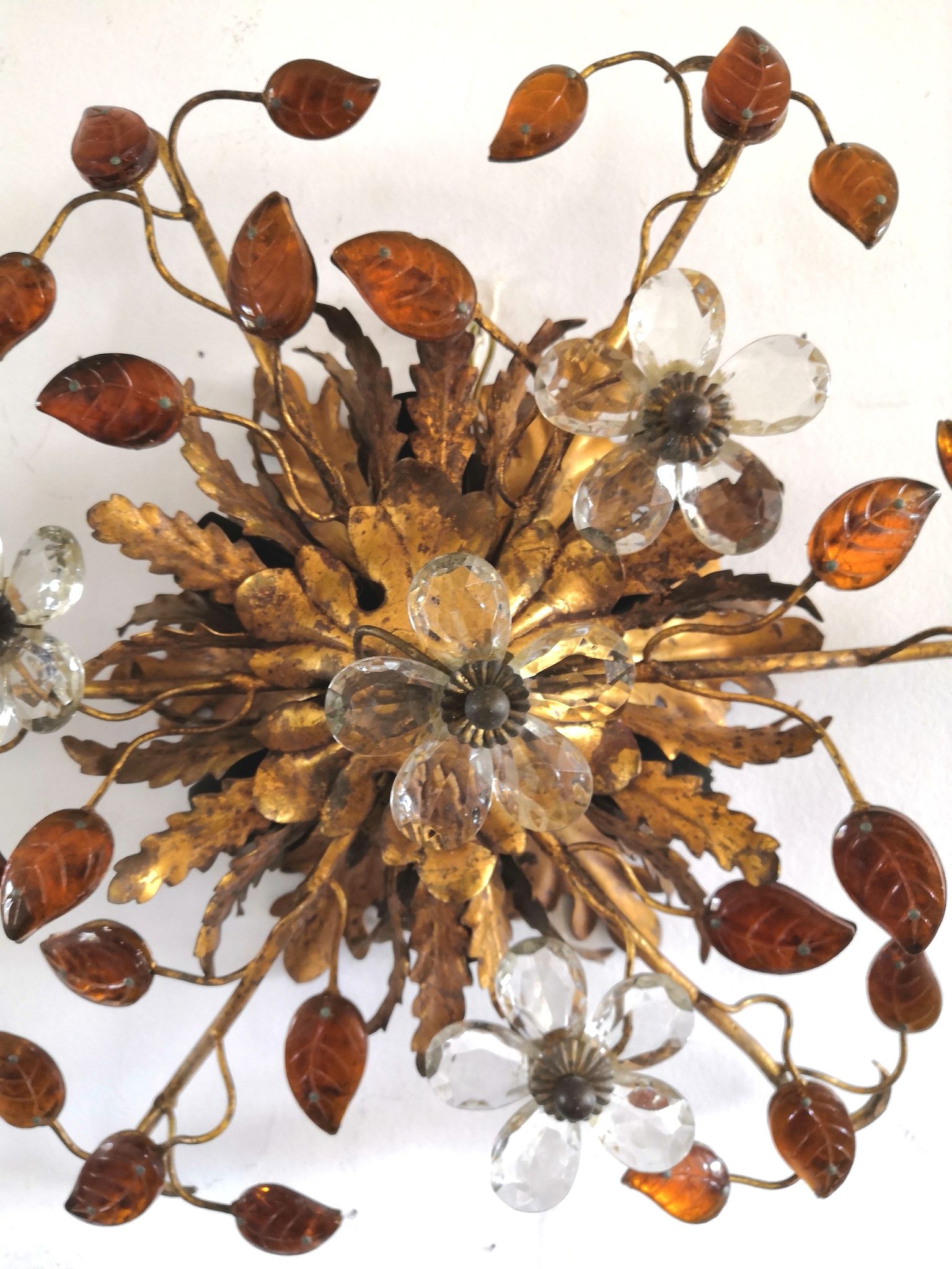 Italian ceiling lamp of Florence House Banci gilded and murano glasses design 70s