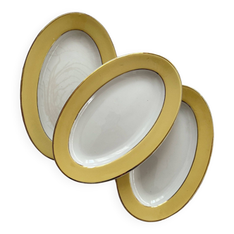 3 vintage yellow earthenware dishes with gold trim L'amandinoise