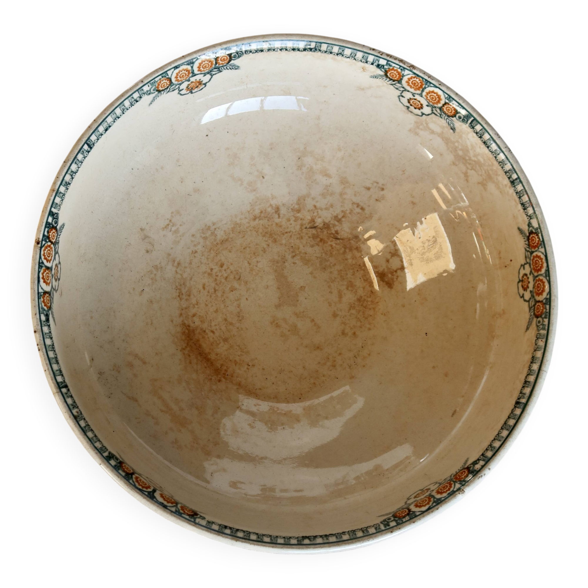Antique ironstone salad bowl - Patina - Green and orange floral decoration
