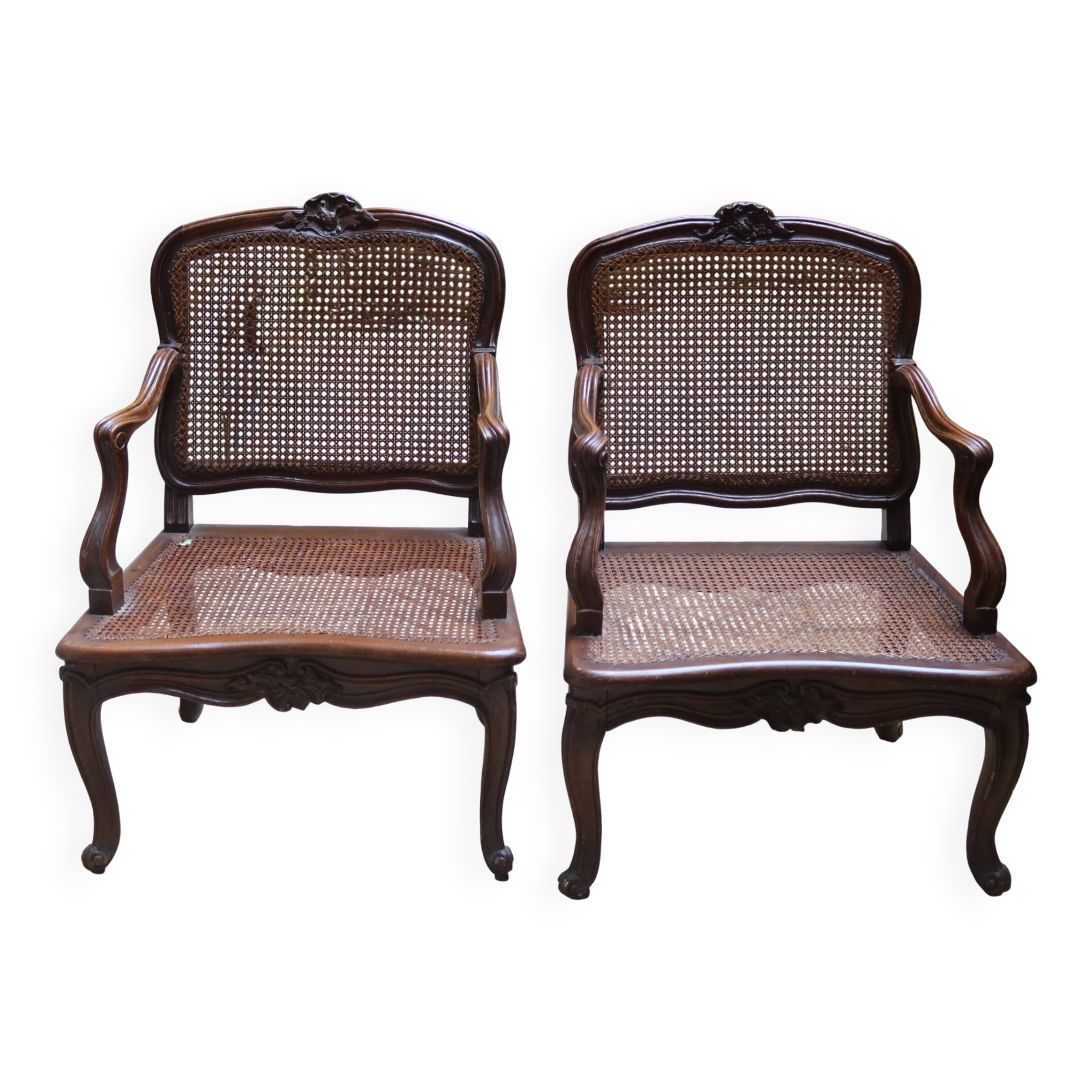 Pair of Louis XV style armchairs in wood and caning.