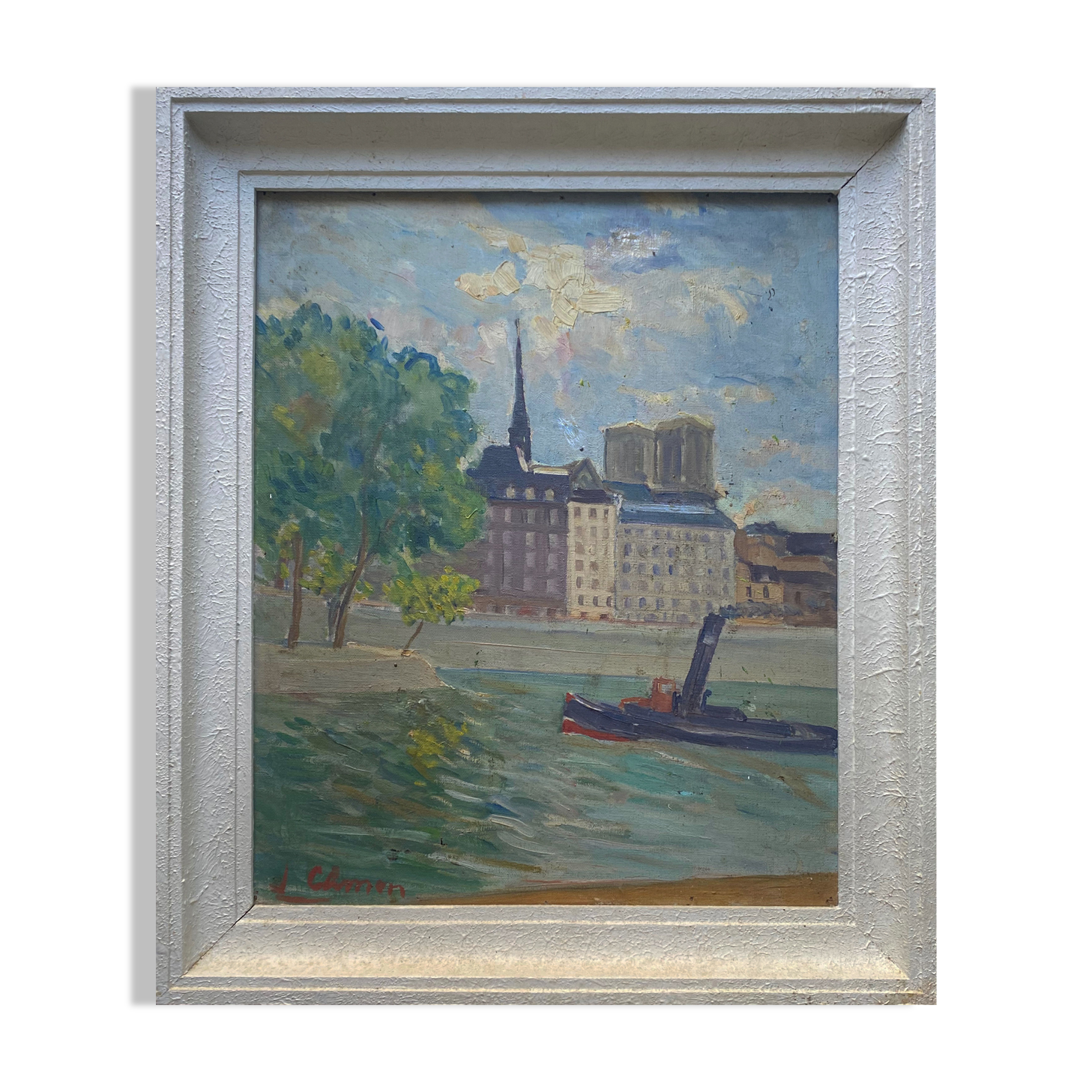 Painting "View of the Seine with tugboat" Paris signed circa 1950