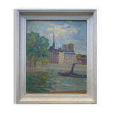 Painting "View of the Seine with tugboat" Paris signed circa 1950