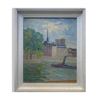 Painting "View of the Seine with tugboat" Paris signed circa 1950