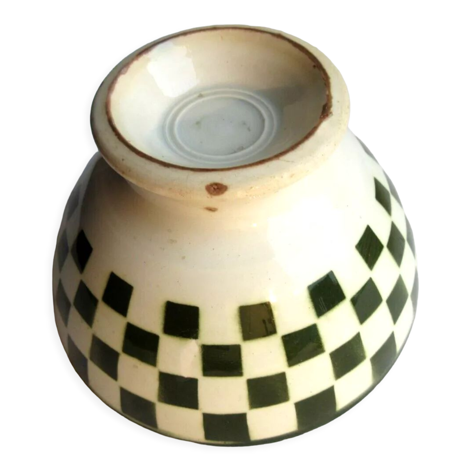 Old Art Deco bowl, green checkerboard décor, Badonviller