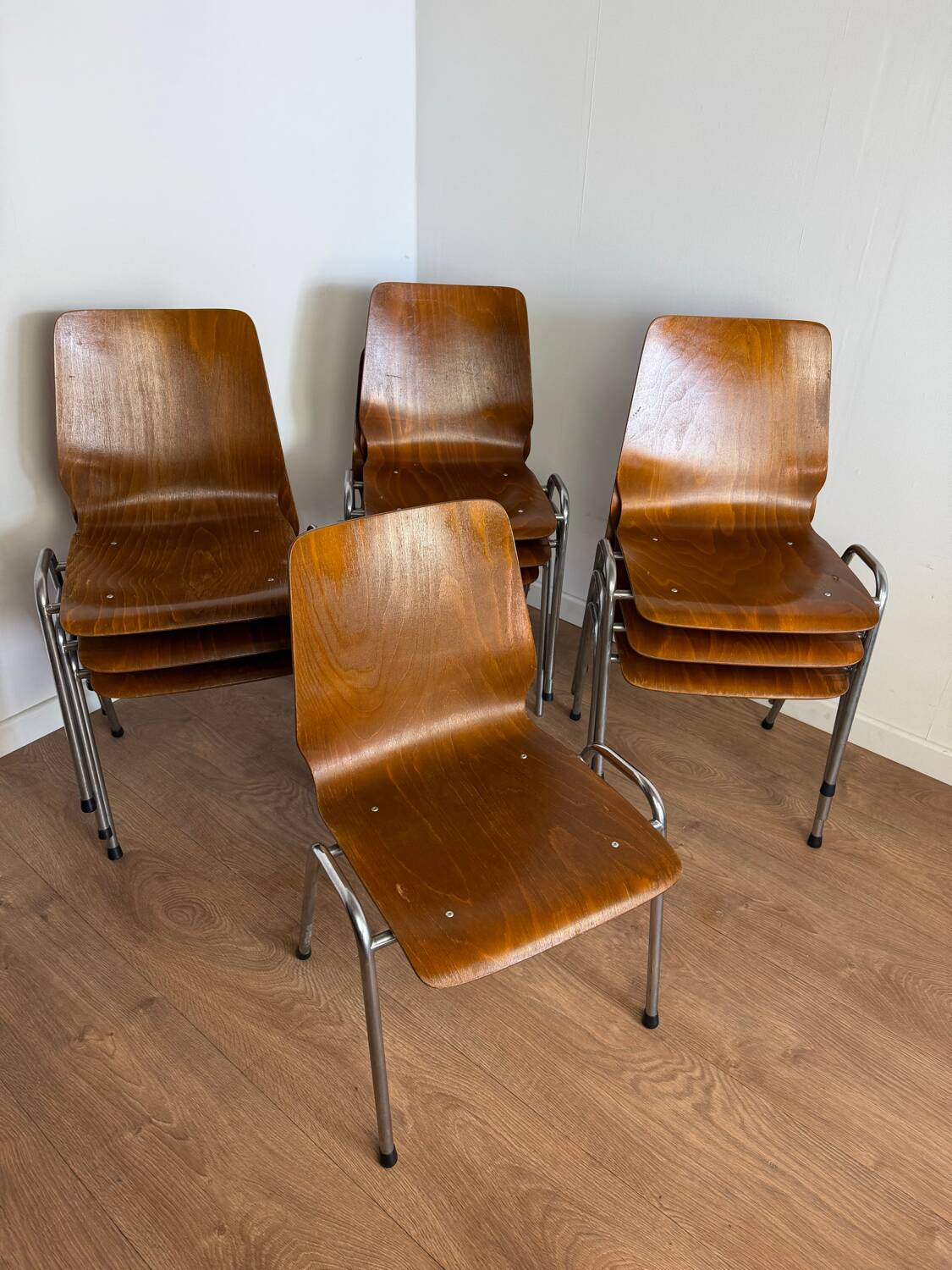 Vintage Pagholz stacking chairs in wood and metal