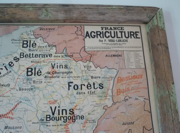 School agriculture map and wines of France-framed