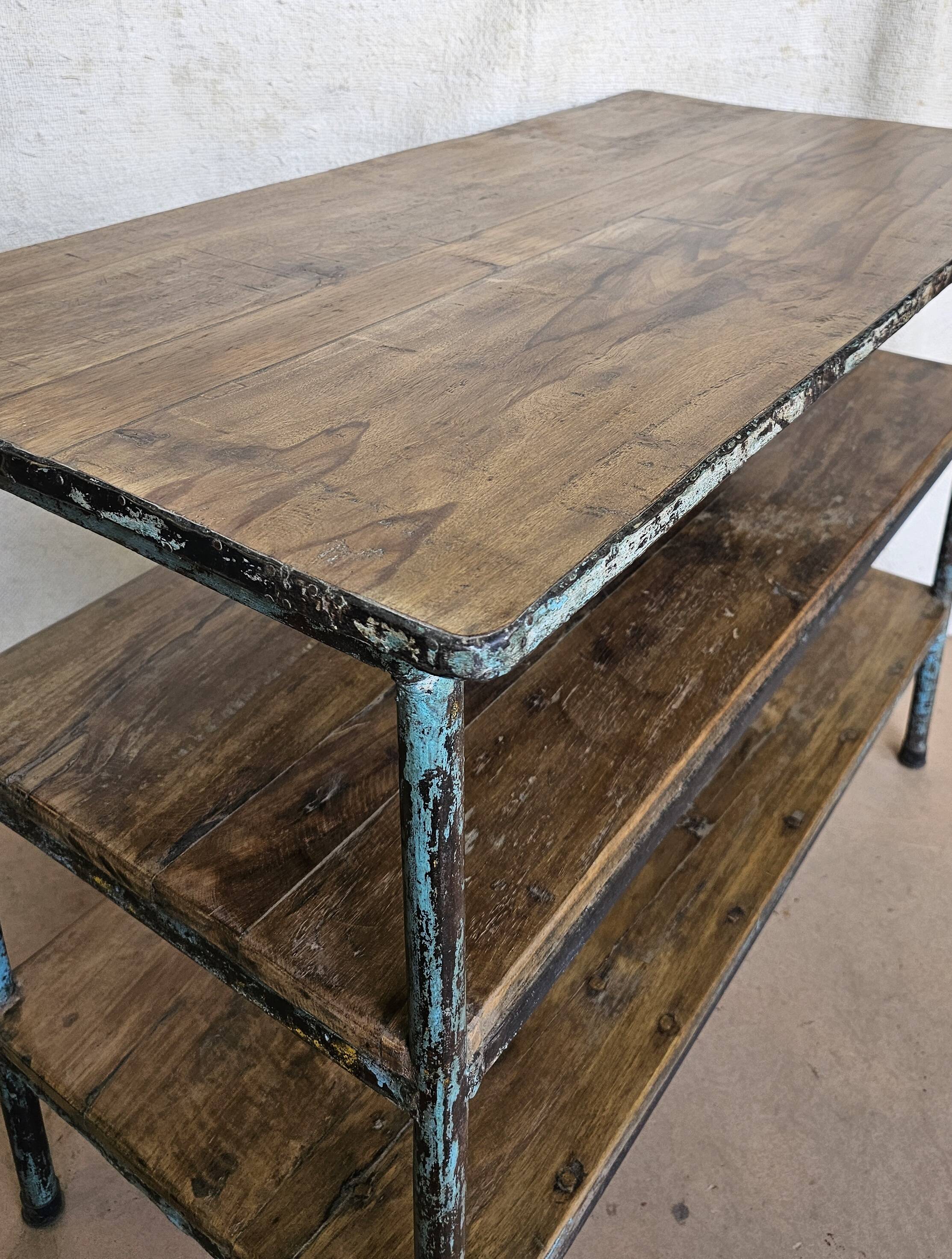 Textile workshop console in teak and wrought iron