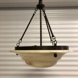 Chandelier in white alabaster and antique brass.