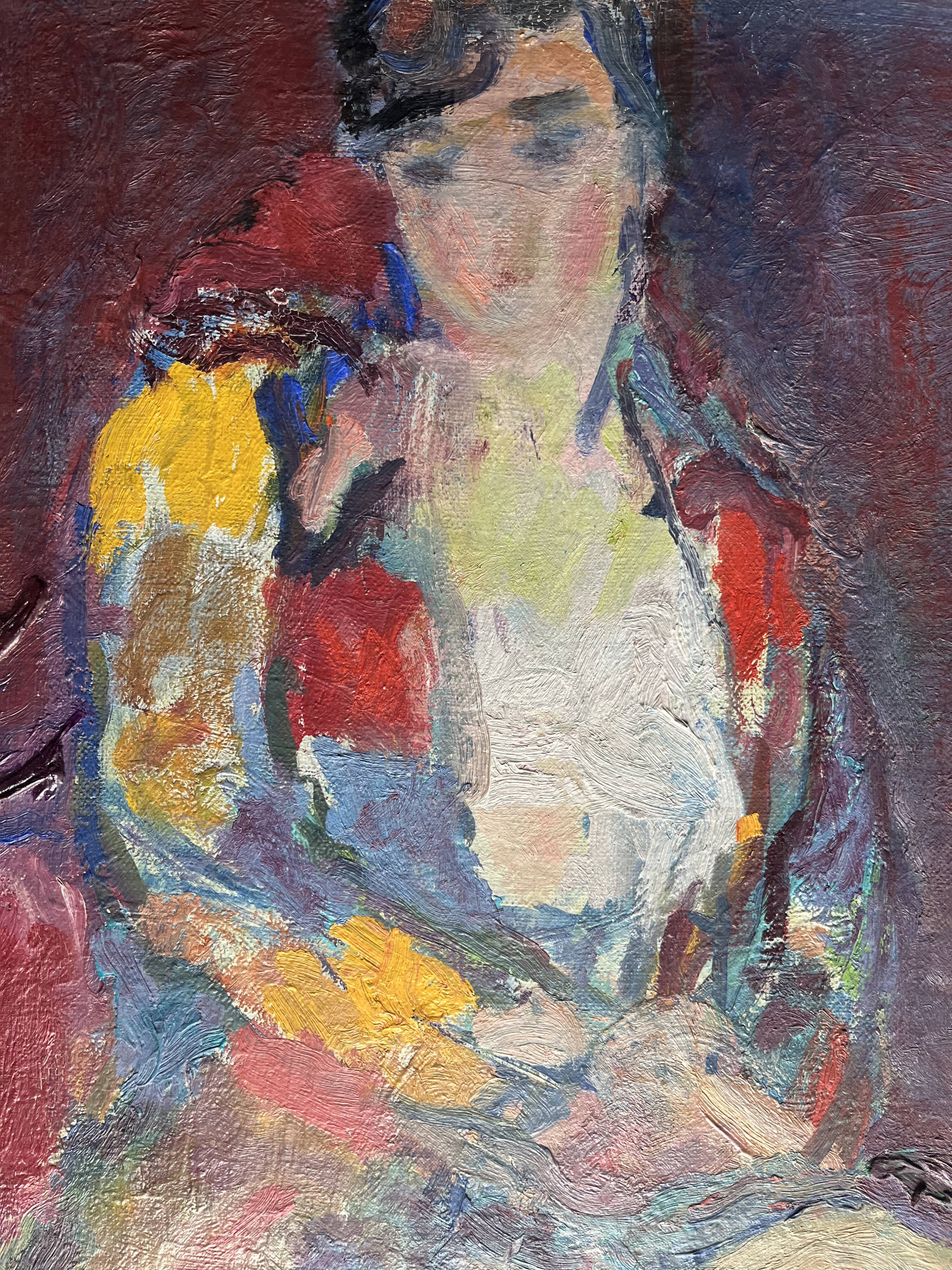 Seated woman, 20th century, signed FORVEILLE on the reverse, oil on canvas, 65 x 54 cm, unframed