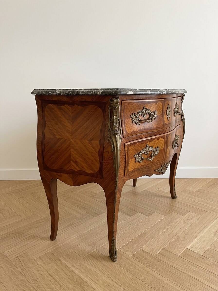 Curved Louis XV commode in rosewood and marble