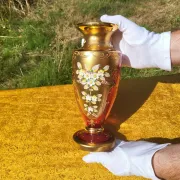 Bohemian Crystal Emerald Red/Rosa Vase with 24K Gold Encrusted Floral Desig