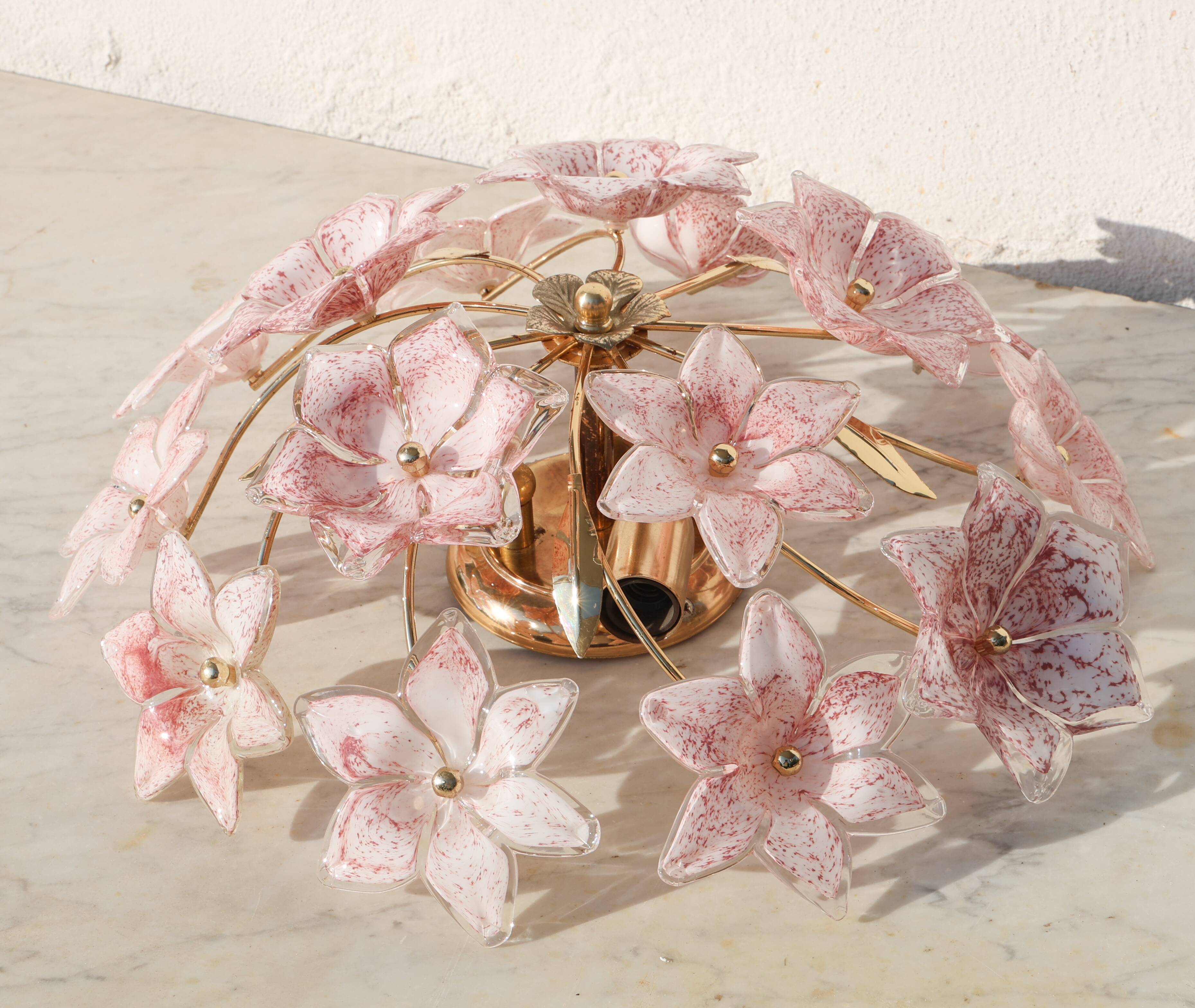 Lustre vintage Murano fleurs roses, années 1970