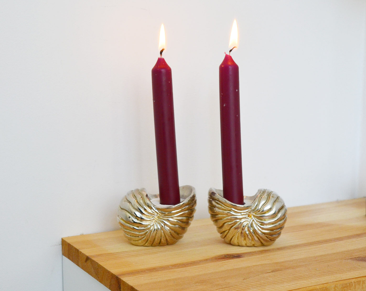Pair of silver metal seashell candlesticks 60