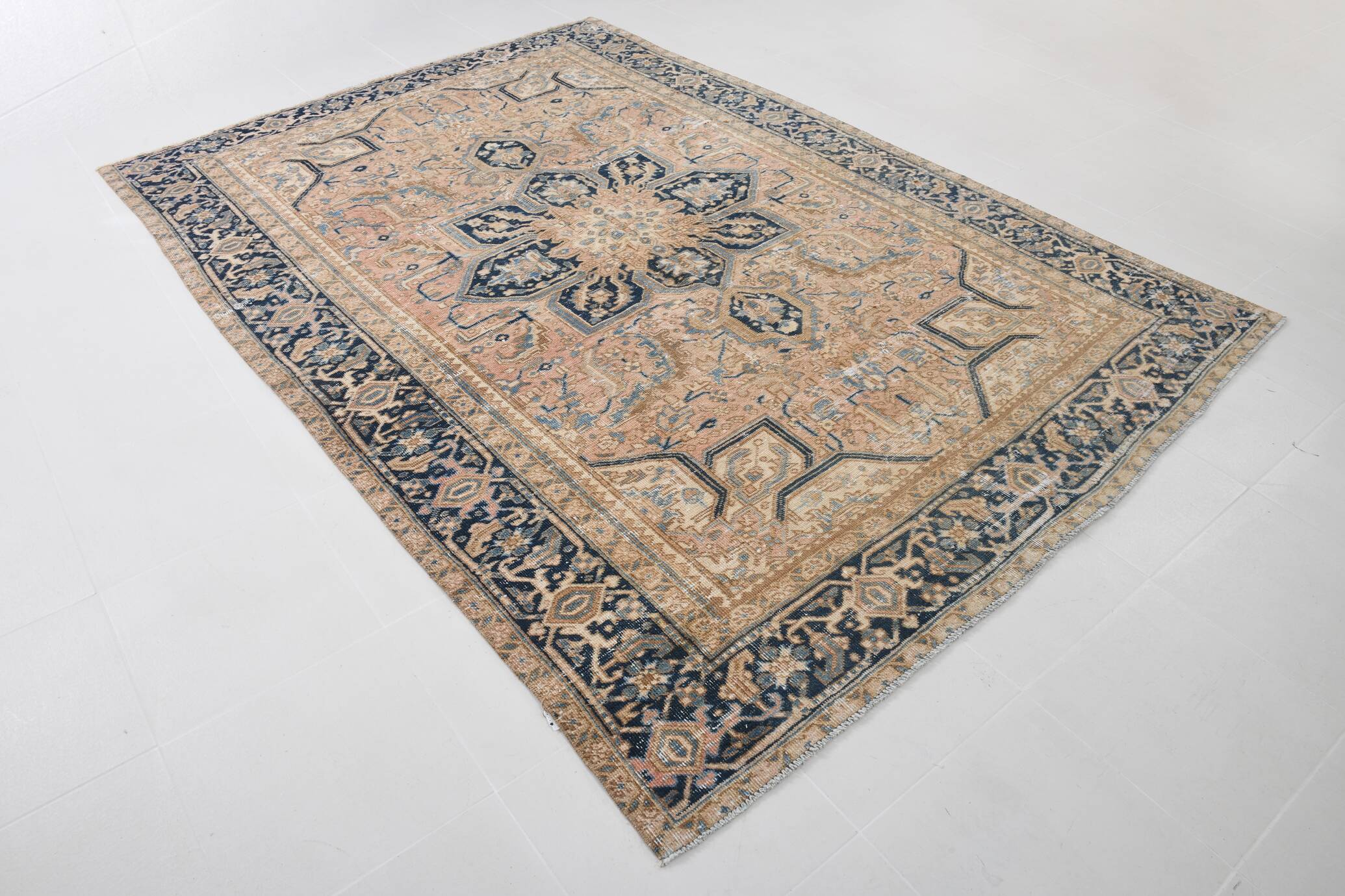 Vintage Cream & Navy Blue Persian Rug, 213x298Cm