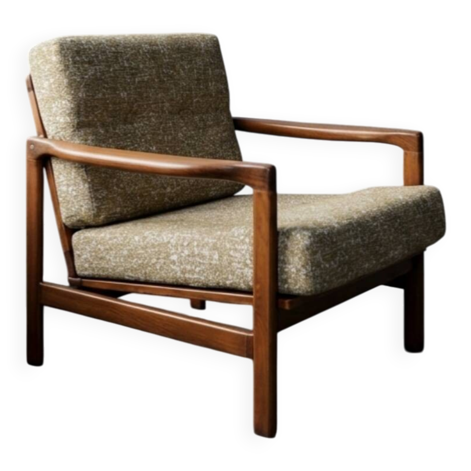 Fauteuil vintage en tissu chiné beige moutarde et olive, Pologne 1960