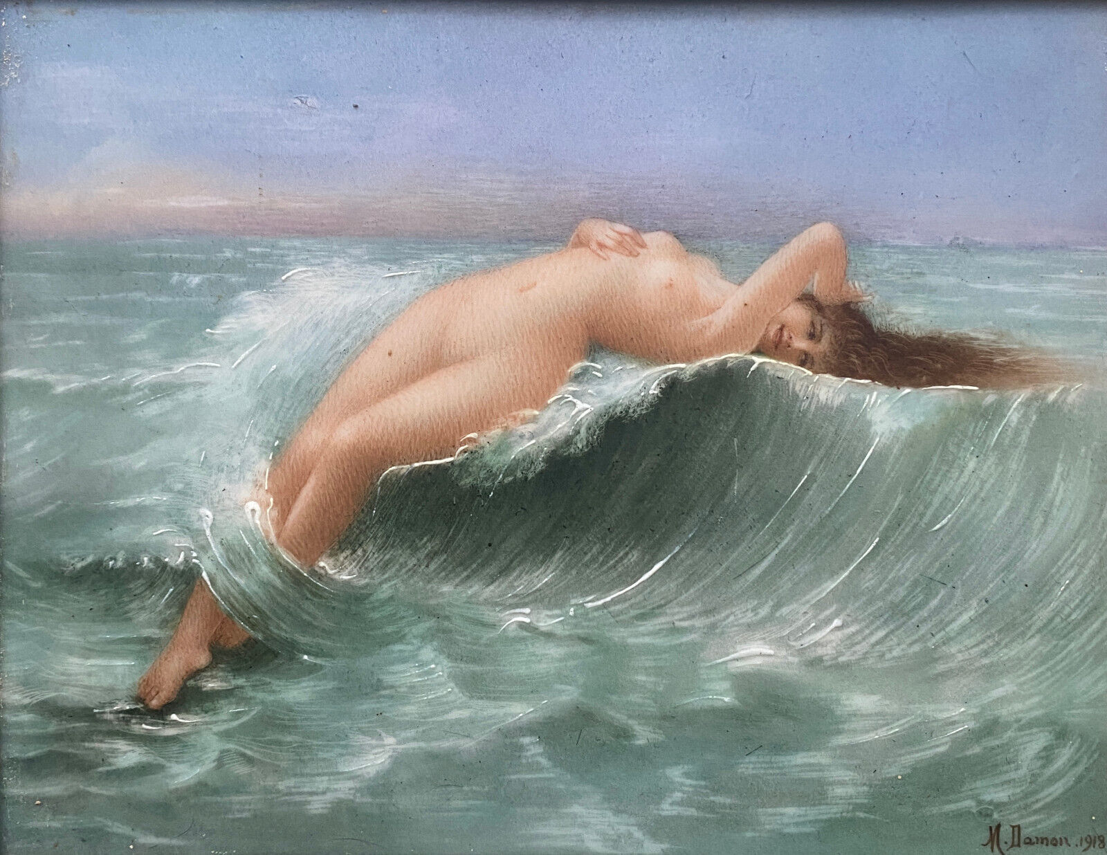 Painting HSCéramique "Nue sur la vague" signed M. Damon 1918 + frame