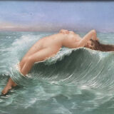 Painting HSCéramique "Nue sur la vague" signed M. Damon 1918 + frame