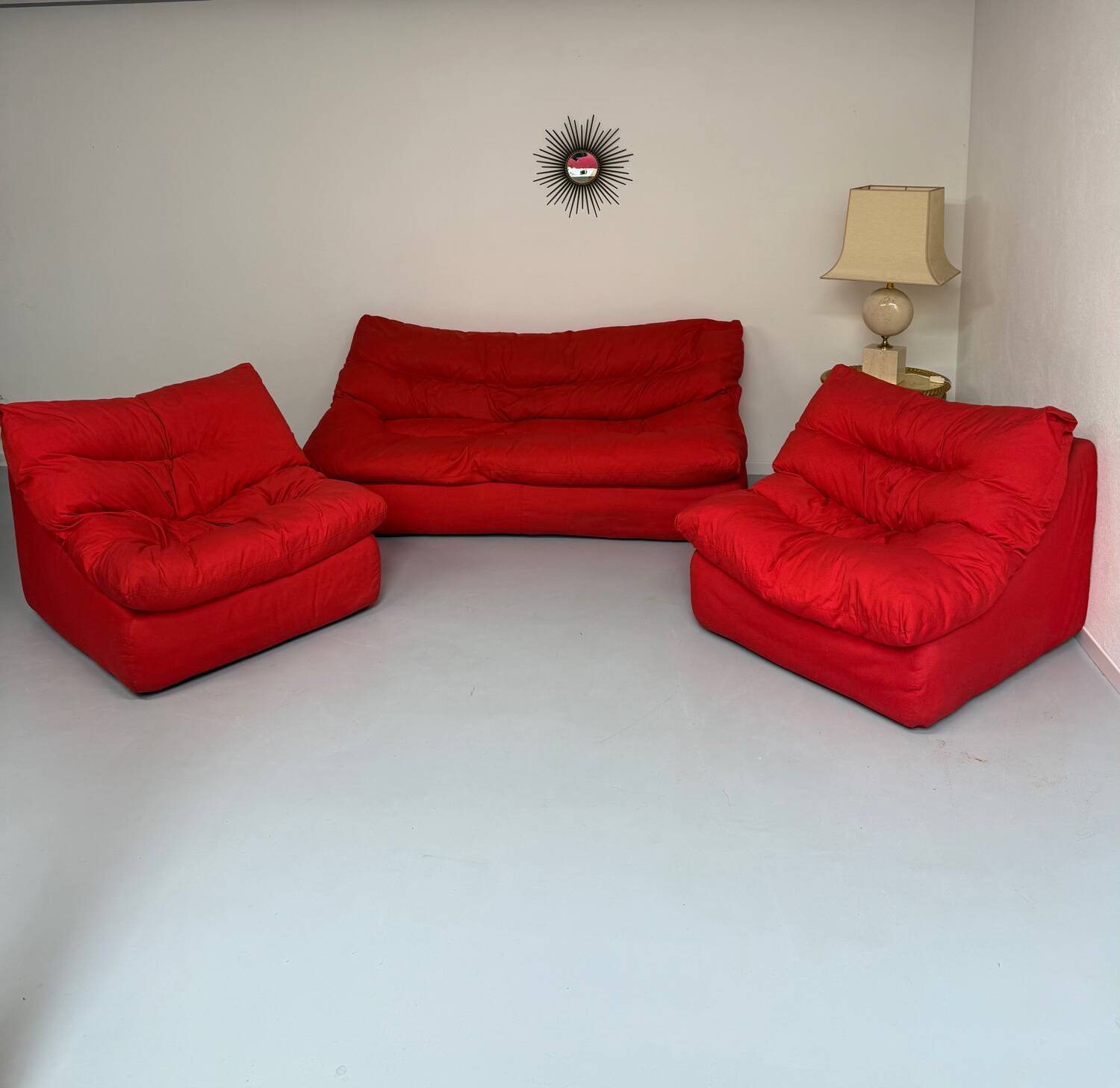 Living room sofa and 2 armchairs French design Steiner 70s vintage fabric