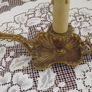 Pair Vintage French Bronze Candlestick Lamps Pleated Fabric Shades
