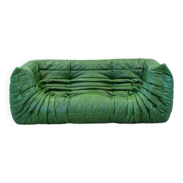Vintage two-seat Togo sofa with arms in green leather by Michel Ducaroy for Ligne Roset, 1970s