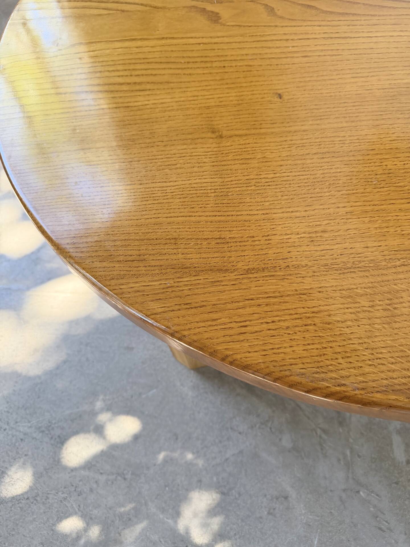 1950s round tripod oak coffee table