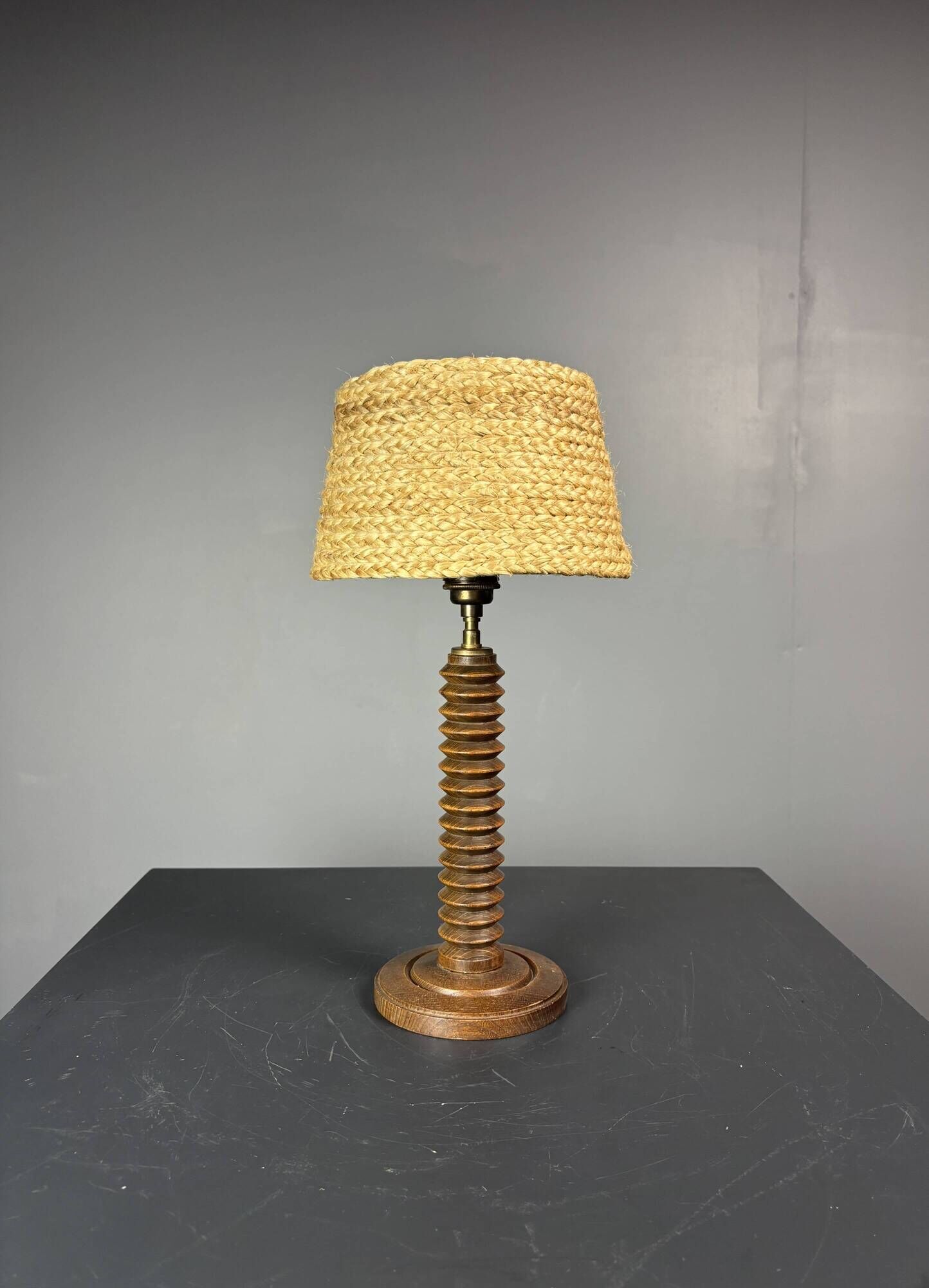 Midcentury French brutalist wood turned table lamp, Charles Dudouyt style