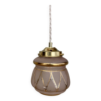 Vintage art deco globe pendant light in pink and gold frosted glass