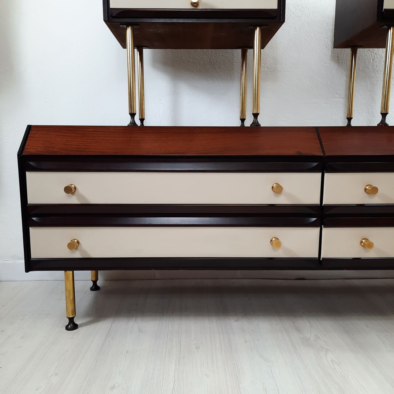 Dresser / chest of drawers and bedside tables - 1960s - faux leather brass