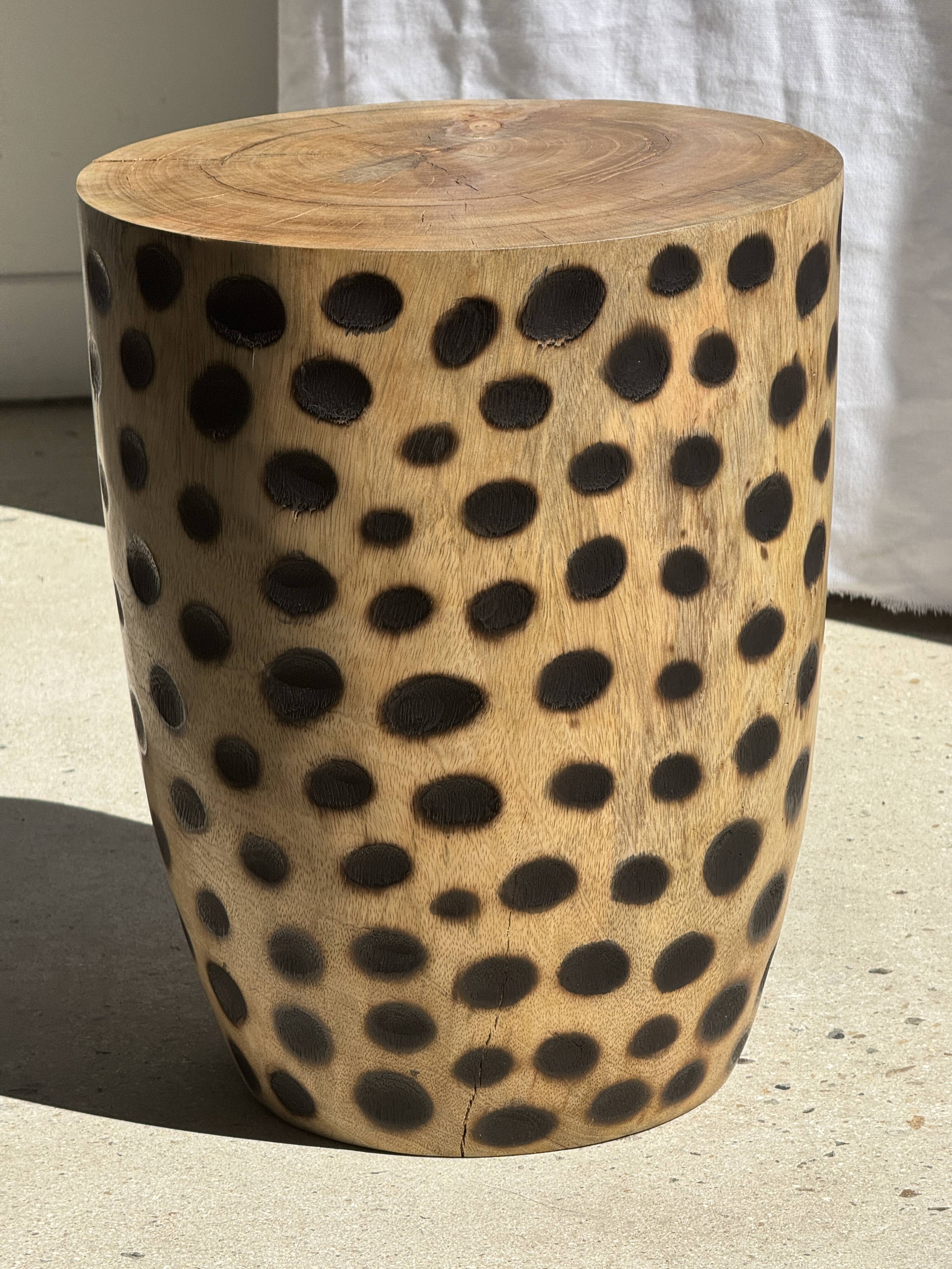 Stool, side table, cylindrical solid mango wood end table.