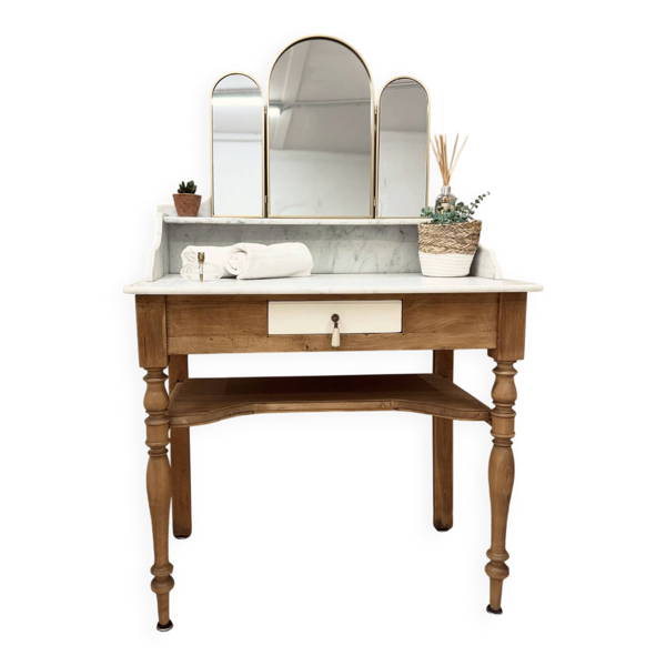 Coiffeuse vintage restaurée en bois et marbre