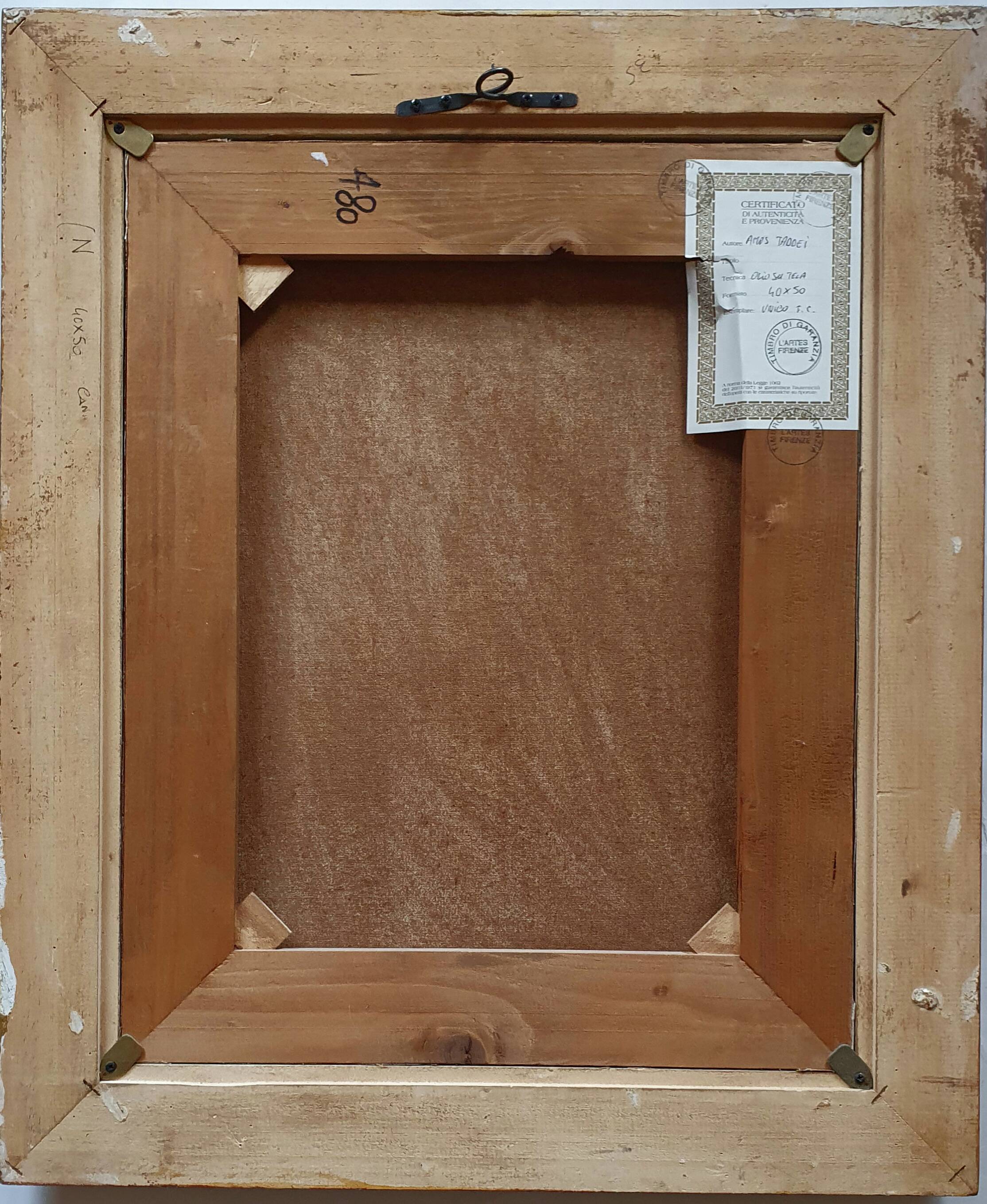 Ancient painting of a woman with a cocker spaniel head signed Taddei.