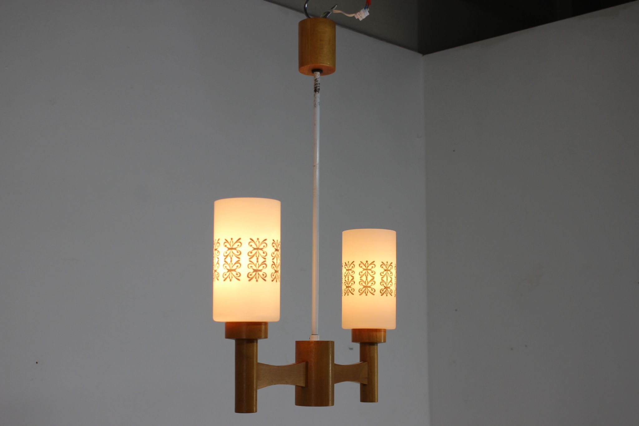 1980s wood and glass pendant light, Czechoslovakia