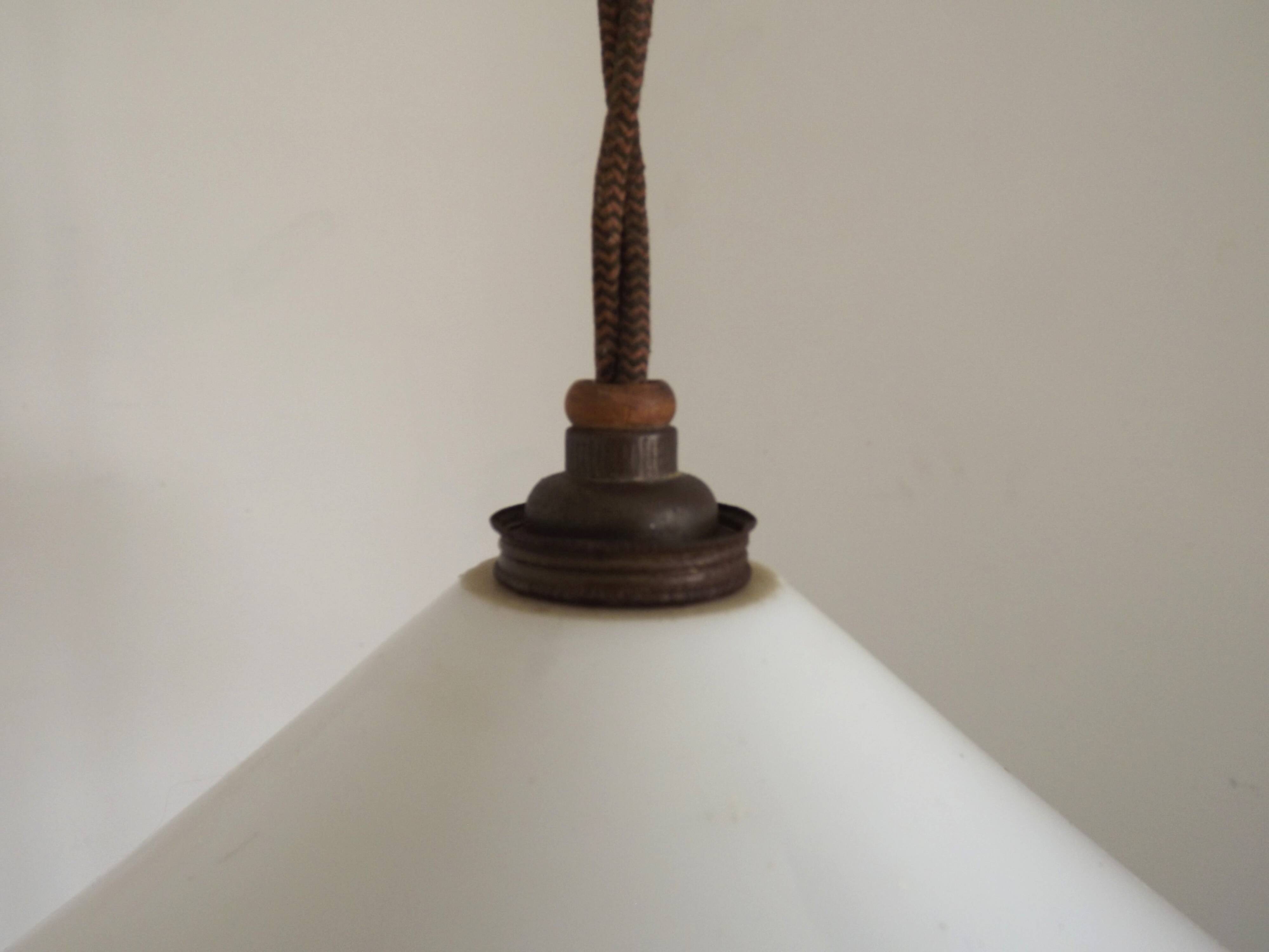 Vintage French Rise & Fall Counterbalance Ceiling Light Opaline Glass Shade