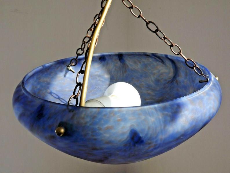 French Vintage Single Light Blue Art Glass Ceiling Light 3 Chains & Fitting