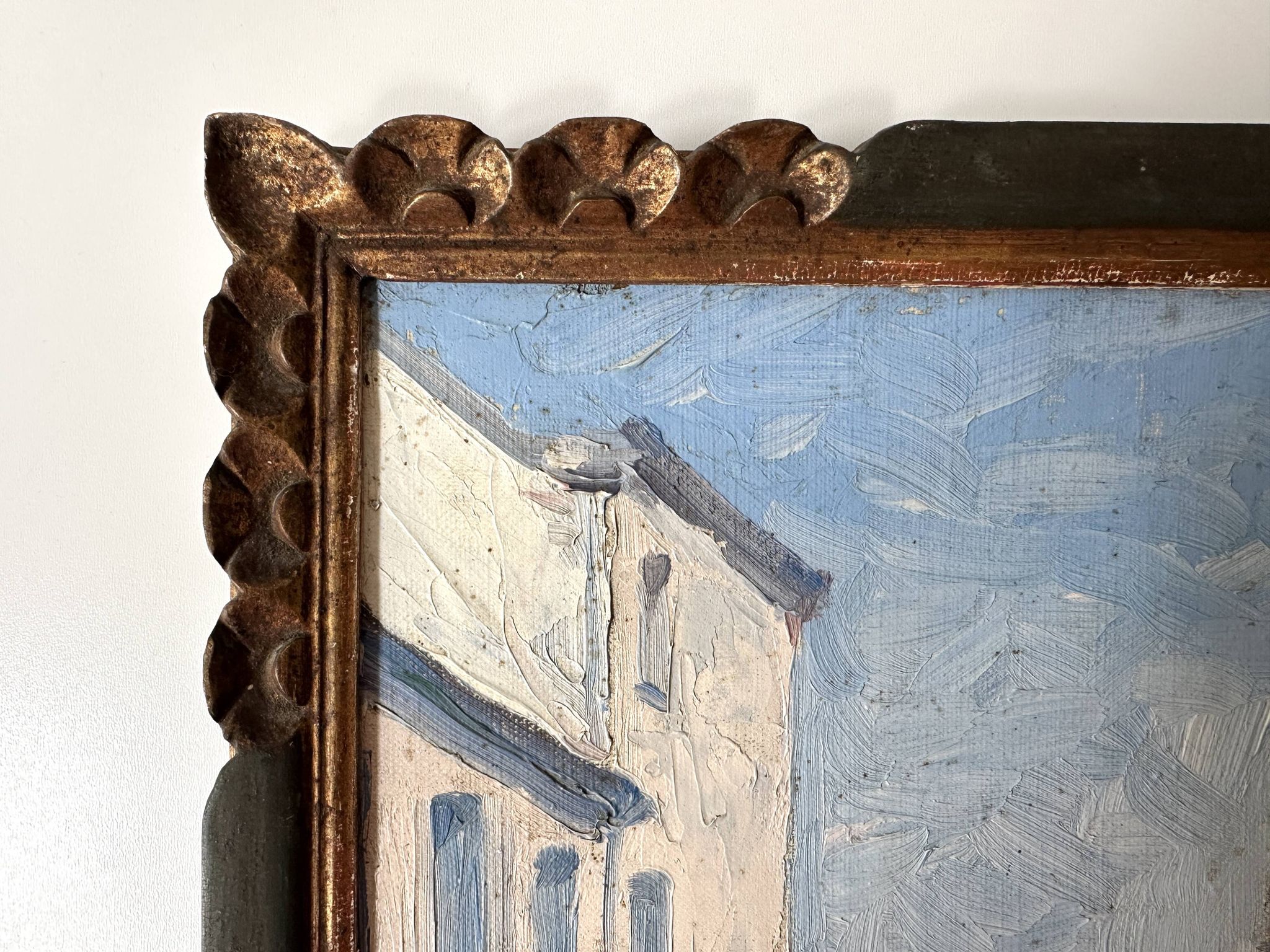 Oil on canvas of a French village "Bavay" 1928, landscape signed and framed.