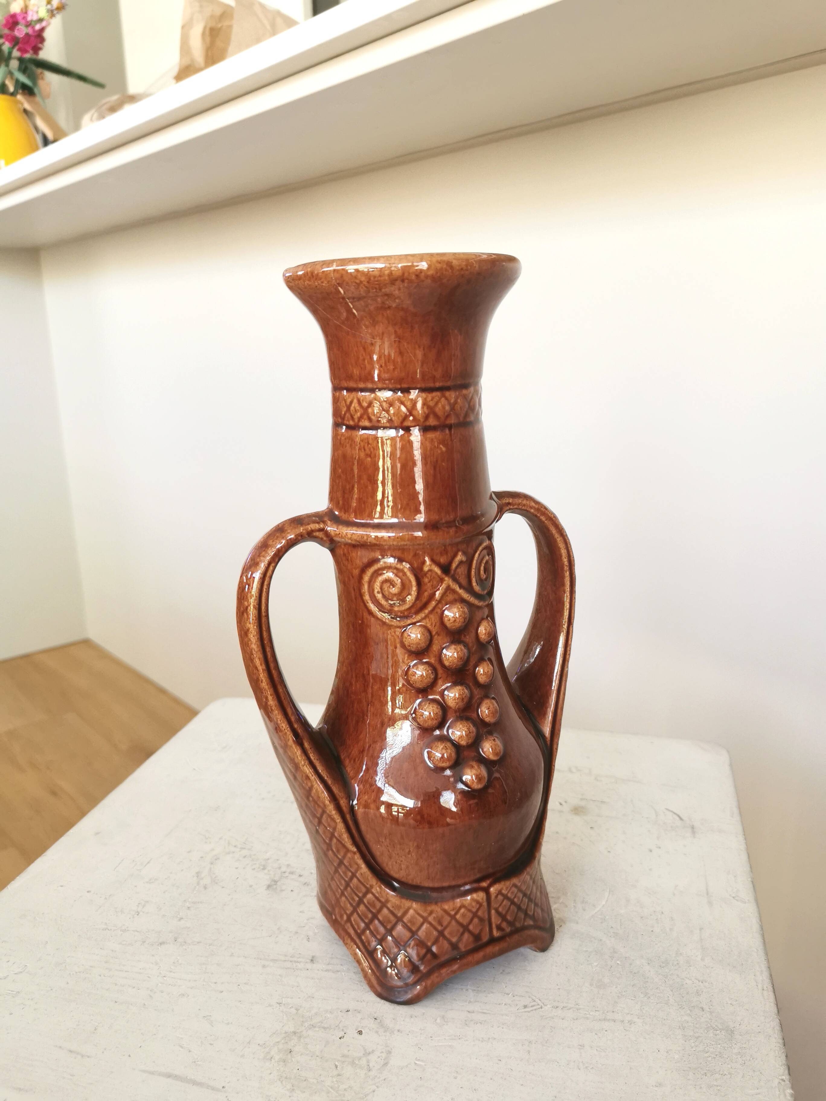 Vintage Amphora Vase: Large Brown Glazed Pottery with Grape Motif