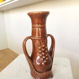 Vintage Amphora Vase: Large Brown Glazed Pottery with Grape Motif