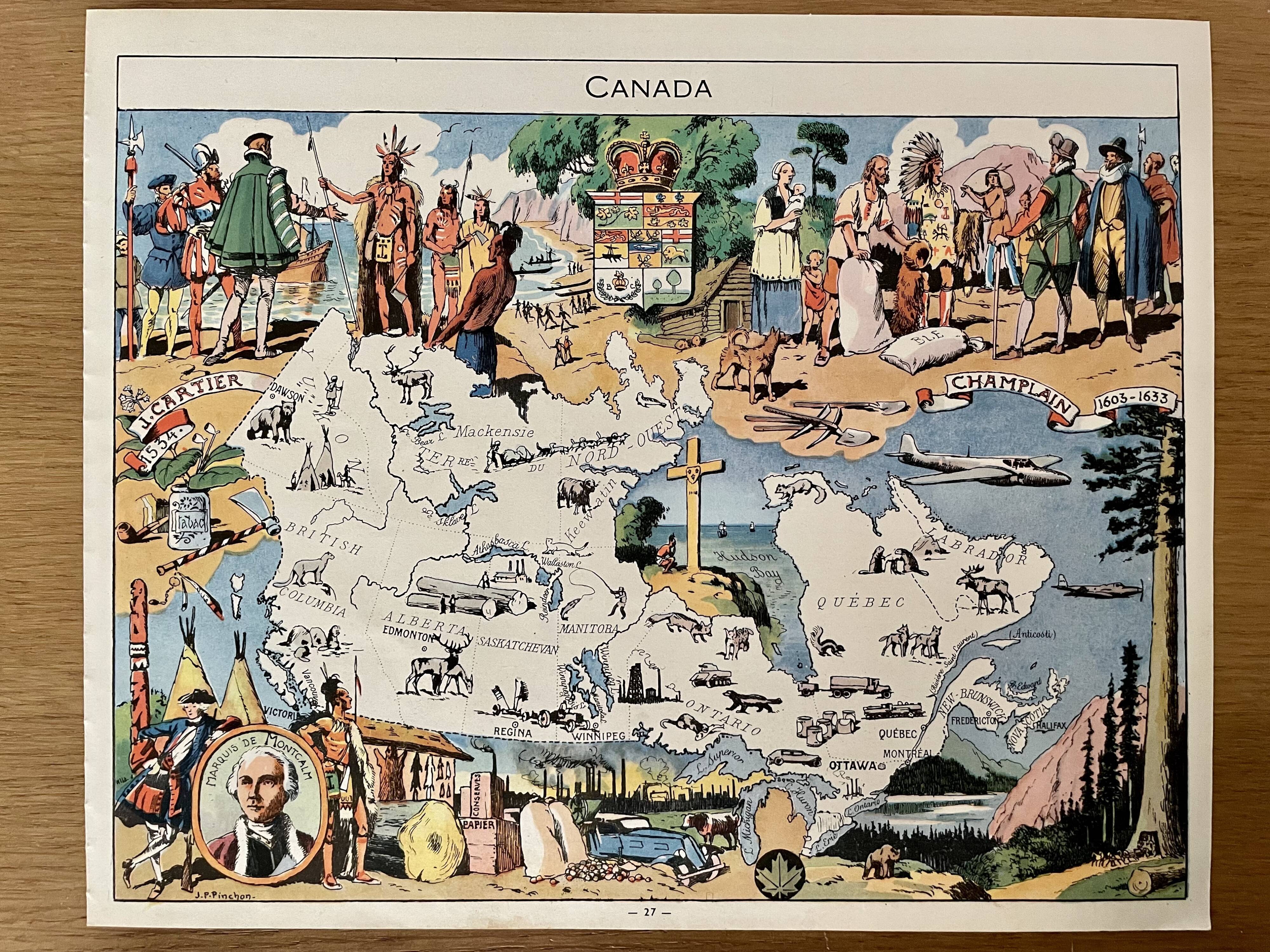 Affiche ancienne carte illustrée du Canada de 1948 - JP Pinchon