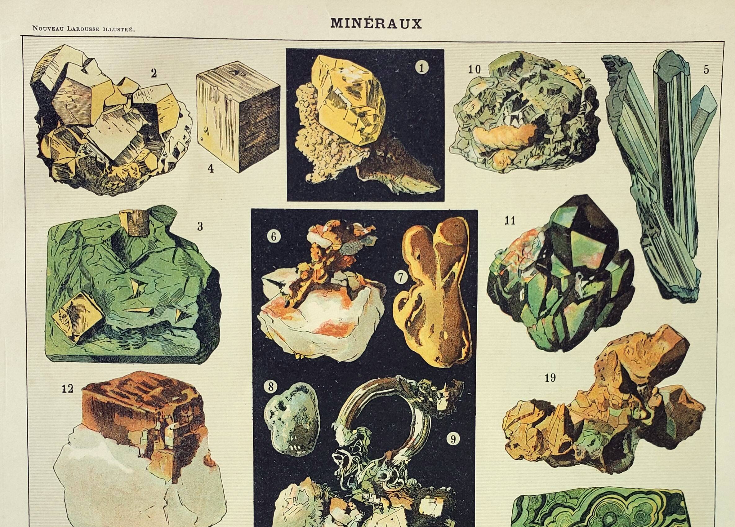 Gravure ancienne 1898, Minéraux 1, roches, pierres précieuses • Lithographie, Planche originale