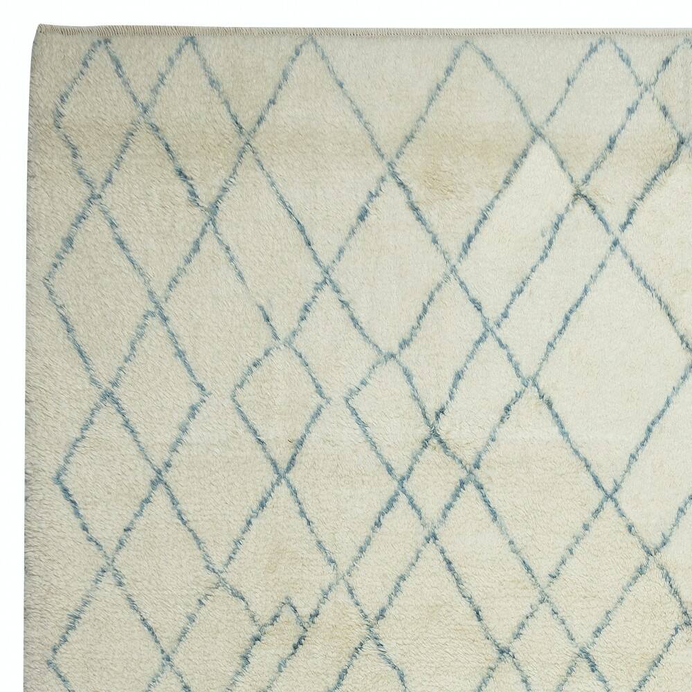 Moroccan Tulu Rug in Beige and Teal Blue Colors, 100% Wool, Beni Ourain Carpet