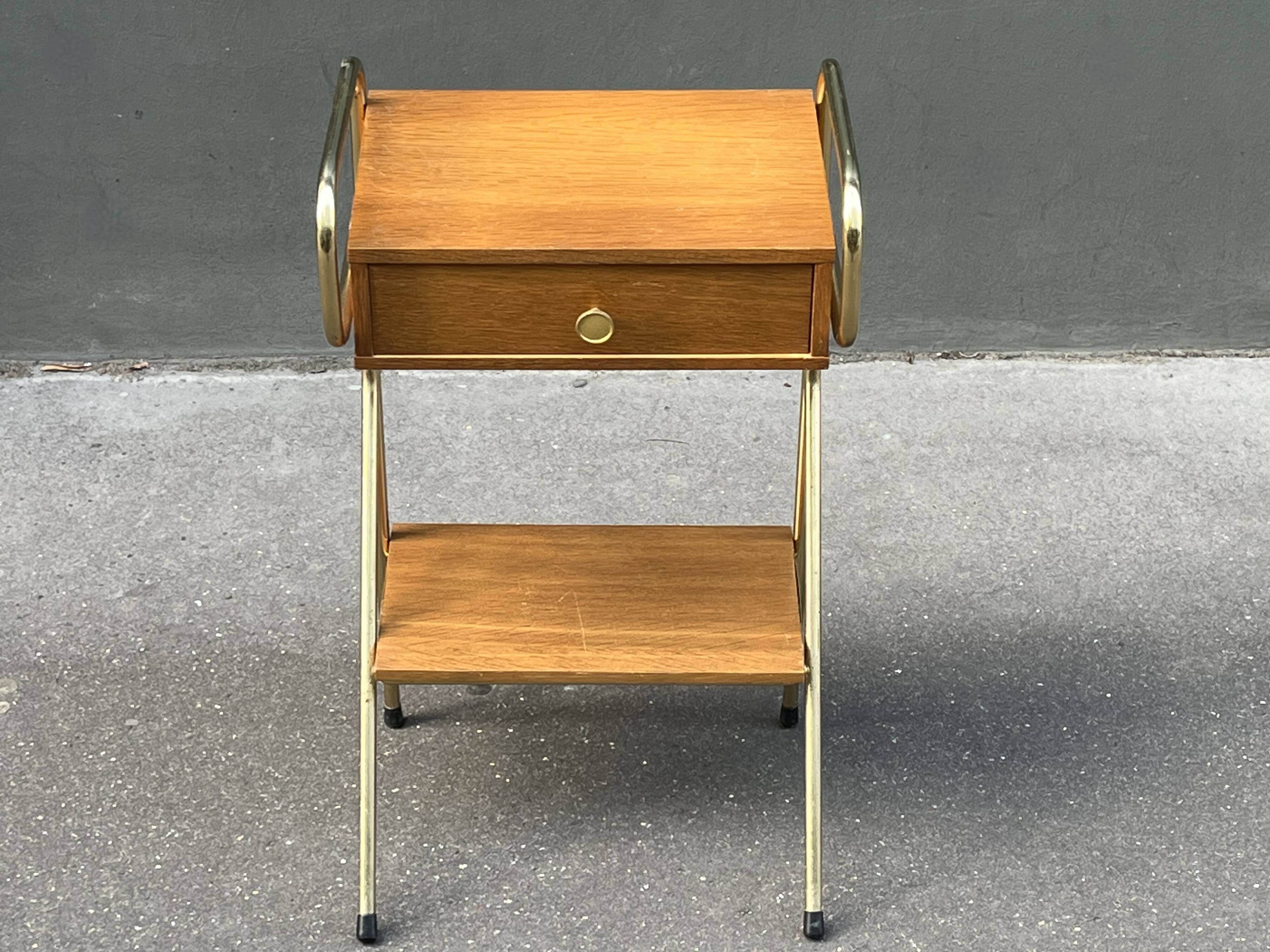 60s wooden and gold metal bedside table