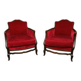 Pair of Louis XV style bergère armchairs in red velvet.